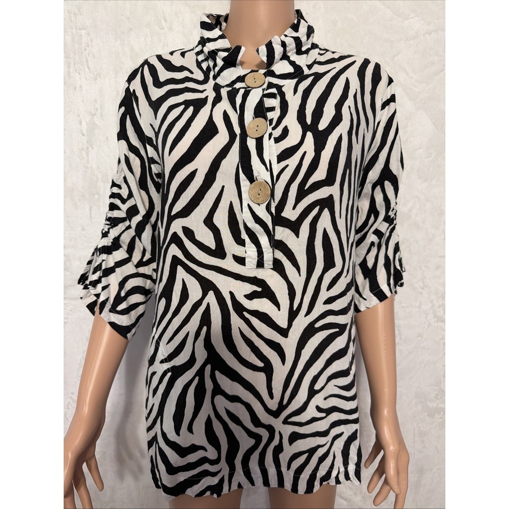 John Mark Blouse Women's Size Medium Abstract Wire Collar Black/white Artsy